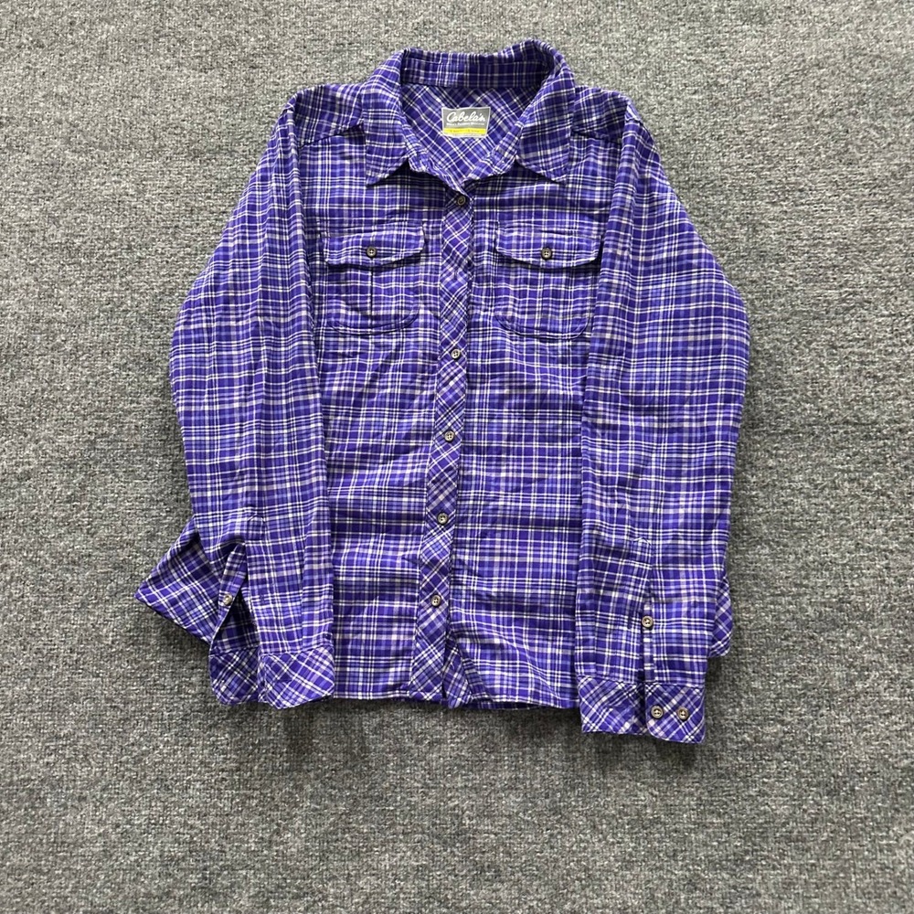 Cabela's Button Down Womens Size L Purple Plaid Long Sleeve Outdoor Hiking Shirt